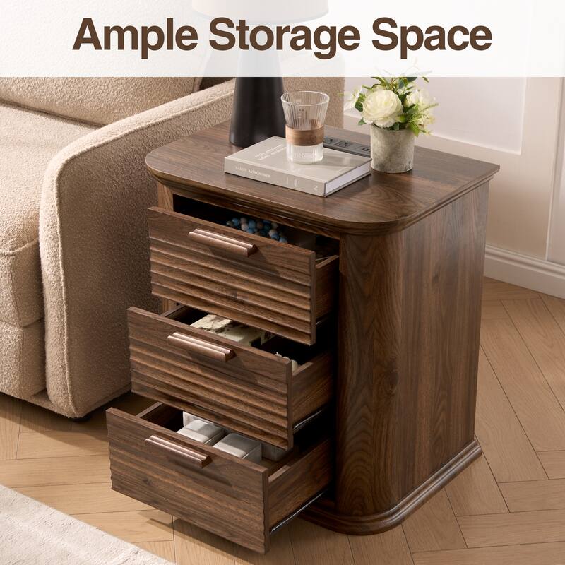 22" Wide Fluted Nightstand with Charging Station, Modern End Table, Wood 3 Drawer Dresser, Large Bedside Tables