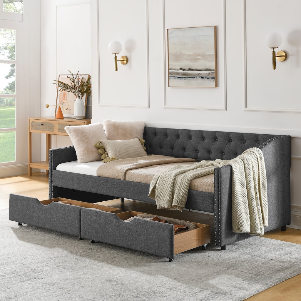 Queen/Twin Size Daybed with Drawers Upholstered Tufted Sofa Bed with Button on Back and Copper Nail on Waved Shape Arms