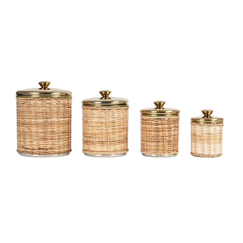 Rattan Wrapped Stainless Steel Canisters - 6.3"L x 6.3"W x 8.8"H