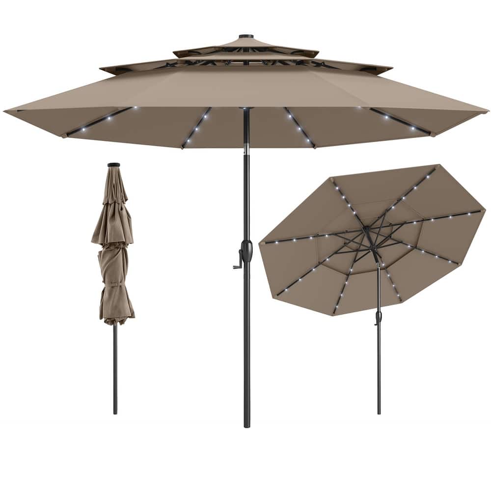 Gymax 10 FT Solar Patio Umbrella w/ 32 LED Lights 3-Tier Vented Top