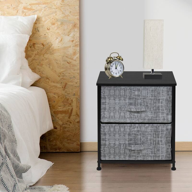 2 Drawer Nightstand Dresser Organizer Steel Frame Wood Top Fabric Bins