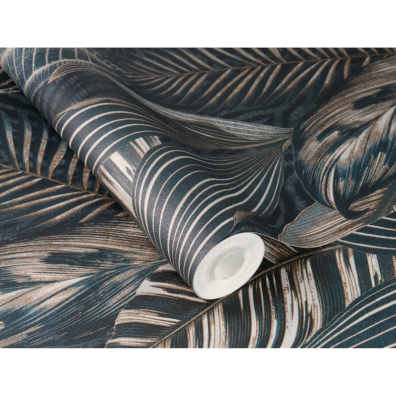 A-Street Prints Acacius Dark Blue Tropical Foliage Wallpaper