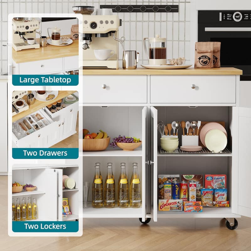 Kitchen Storage Island with 2 Drawers & Extendable Countertop - Rolling Storage Cart with Towel Rail, Lockable Wheels