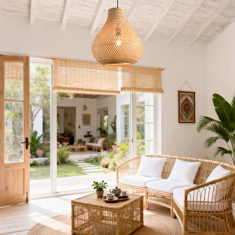 15" Natural Farmhouse Vase Shape Handwoven Rattan Caged Pendant Light - 14.96" D x 14.96" W x 62.99 " H