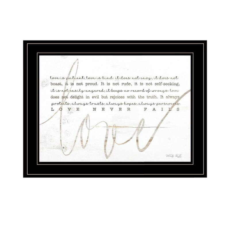 TrendyDecor4U Traditional "Love Never Fails" Framed Print Wall Art by Cindy Jacobs - White, Tan, Black - 15 x 19 - Black