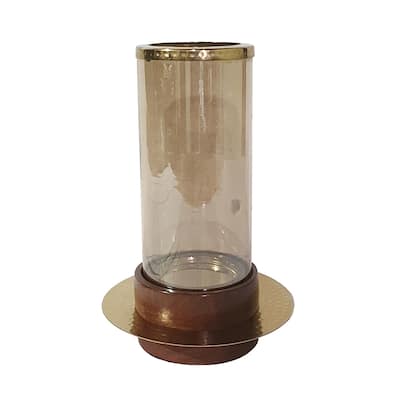 11 Inch Glass Hurricane Candle Holder, Acacia Wood, Small, Gold FInish
