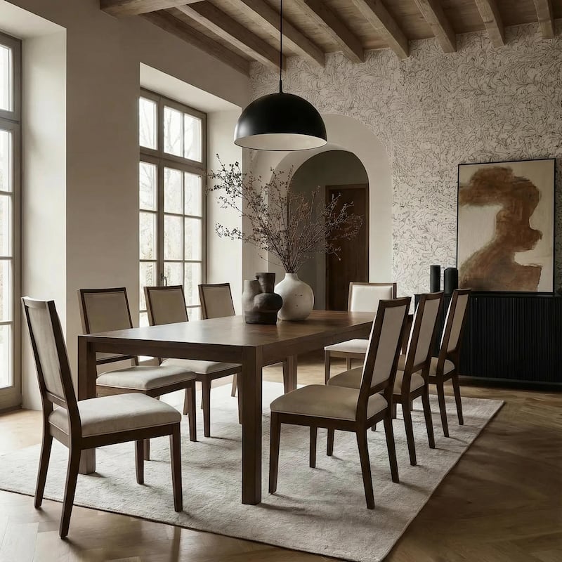 Modern Linen Cushioned Dining Chair, Fully Upholstered Accent Chair - Set of 8 - Black