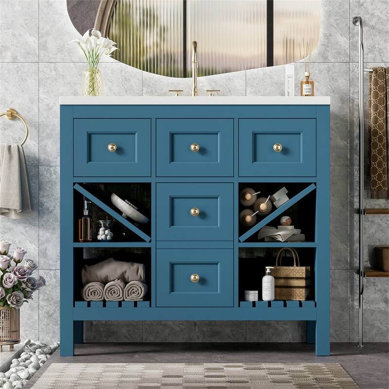 36'' Bathroom Wood Storage Vanity Cabinet with Resin Sink and Drawers