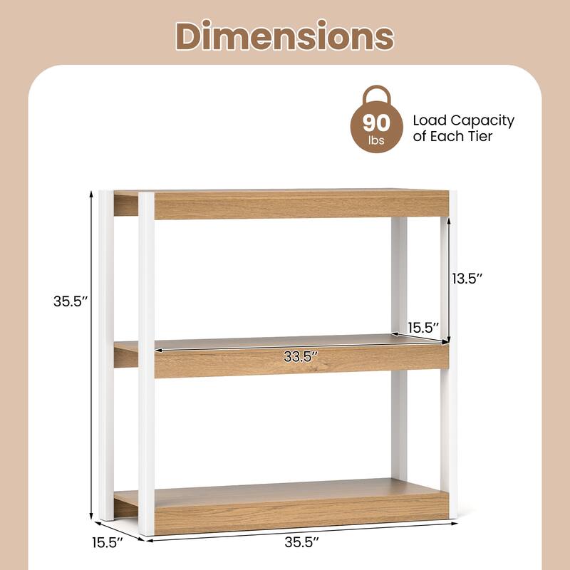 Gymax 3 Tier Bookshelf Wooden Bookcase w/ Dual Anti-Tipping Kits Open