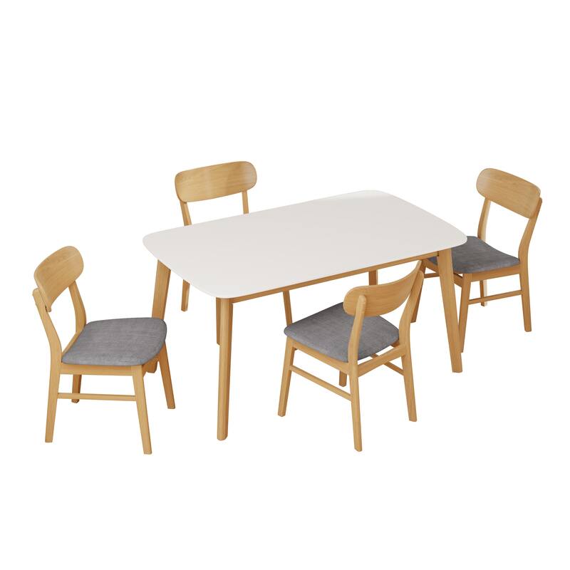 Roomfitters 5-Piece Mid-Century Dining Set, 59" White Oak Table with 4 Upholstered Solid Wood Chairs