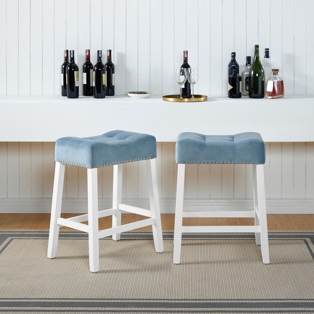 Roundhill Furniture Morovo Set of 2 Velvet Counter Height Stools with Tufted Saddle Seats, White-Wash Finish