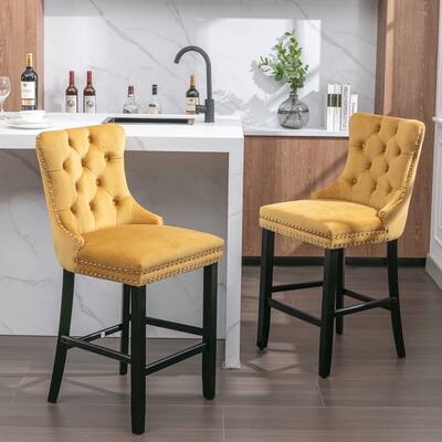 Velvet Upholstered Bar Stools With Wing Back And Footrest(Set of 2),Gold - Set of 2