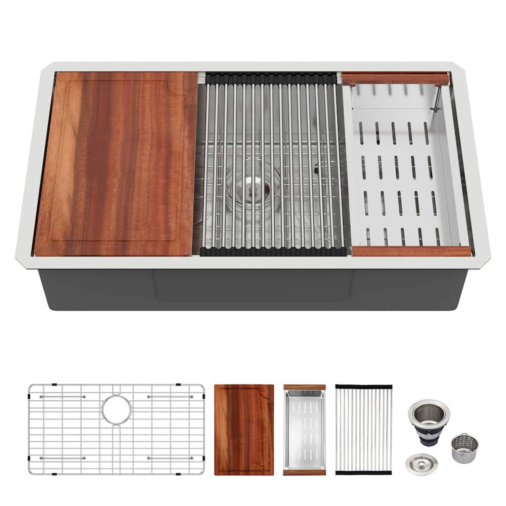 30" Undermount Kitchen Sink - Single Bowl 16 Gauge Stainless Steel Ledge Workstation Kitchen Sinks