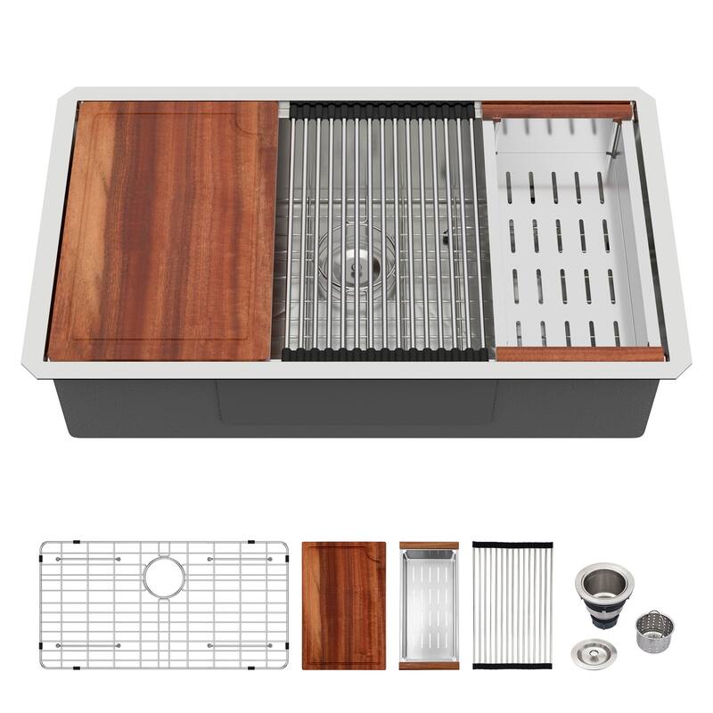 30" Undermount Kitchen Sink - Single Bowl 16 Gauge Stainless Steel Ledge Workstation Kitchen Sinks - Brushed Nickel