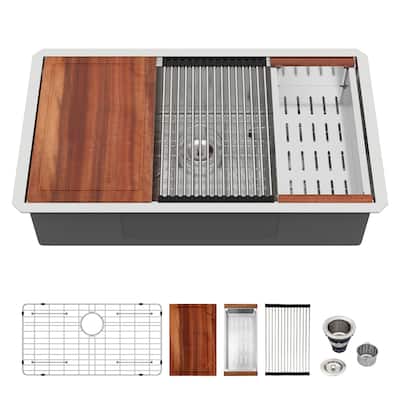 Undermount Single Bowl 16 Gauge Stainless Steel Ledge Workstation Kitchen Sink