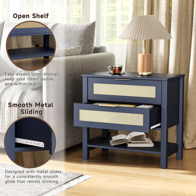 Rattan Nightstand with 2 Drawers and Storage Shelf Boho Bedside Narrow Side Table for Bedroom