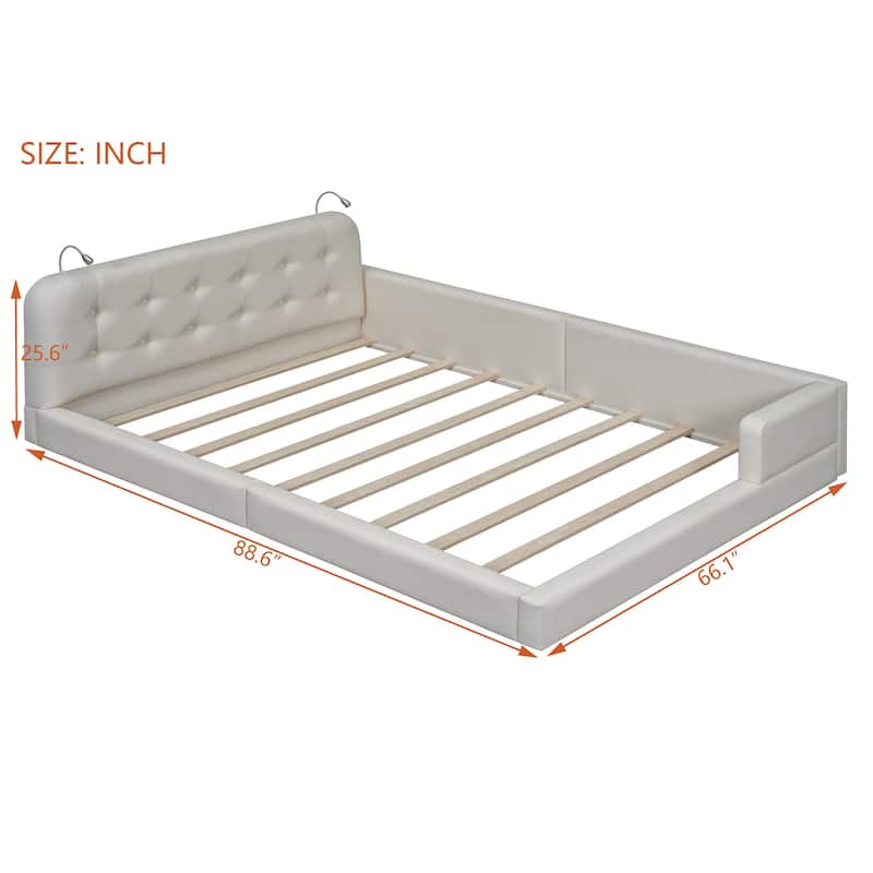 L-shape Platform Bed with Recessed Lights, Gingham Upholstered Queen Size