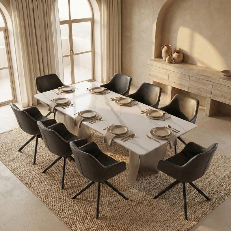 Zelan Mid-Century Modern Sintered Stone Dining Table - Rectangular Kitchen Table with Semi-Circular Steel Legs