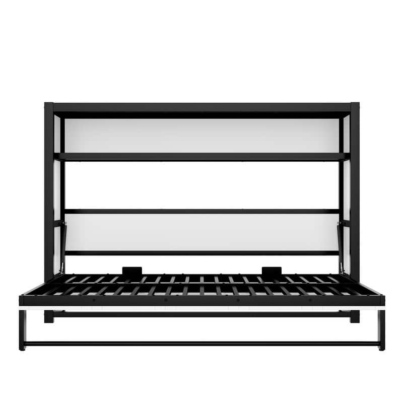Twin Size Murphy Bed with 2-Tier Storage Shelves, Folding Metal Wall Bed Frame with Clothes Hanging Rod