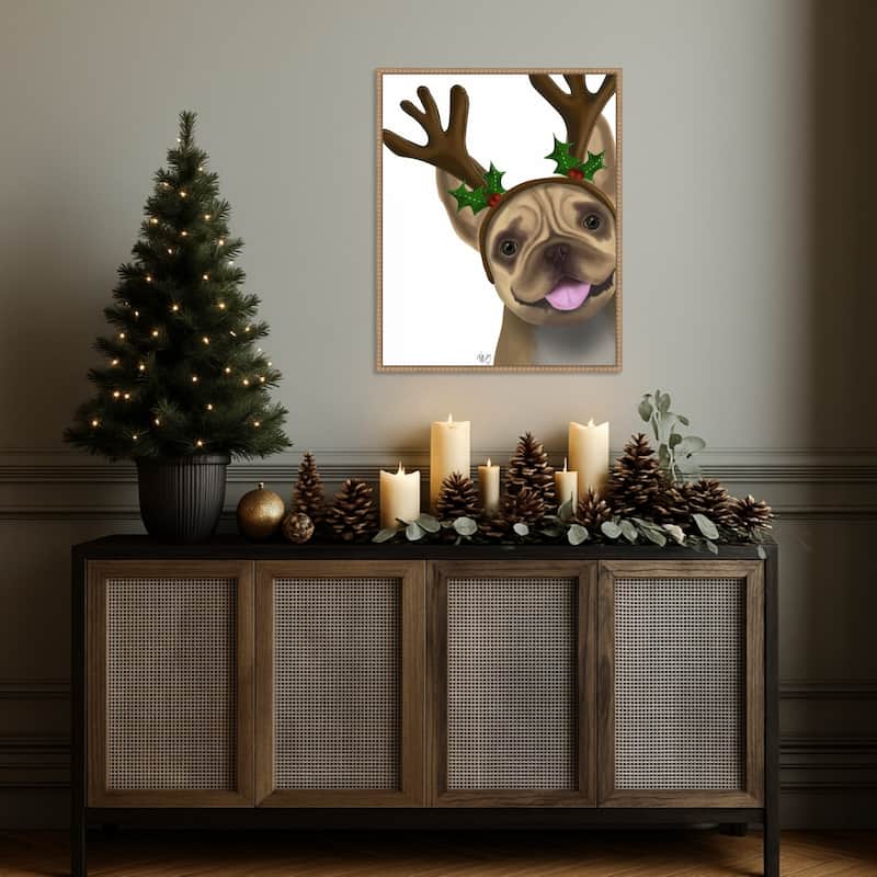 French Bulldog Antlers 2 by Fab Funky (23 x 28 in.), Framed Canvas Wall Art Print - Sylvie Beaded Rustic Natural