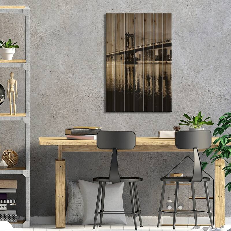 Manhattan Bridge At Night Print On Wood by Alan Blaustein - Multi-Color