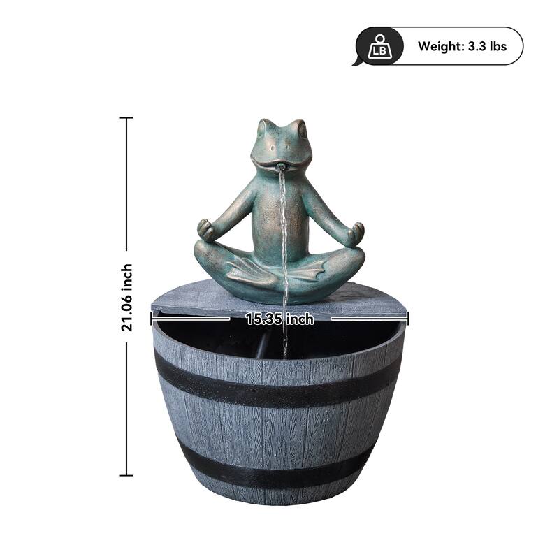 Rustic Polyresin Outdoor Fountain – Handcrafted Gray Frog and Barrel Design with Pumped Waterfall