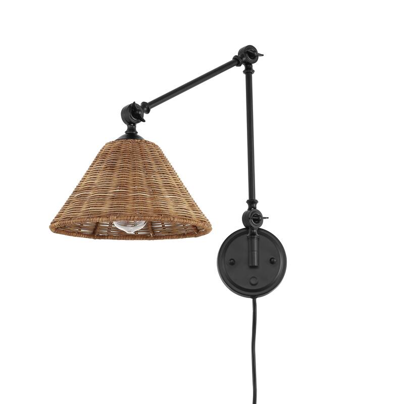 WINGBO Adjustable Swing Arm Wall Sconce with Neutral Beige Rattan Shades