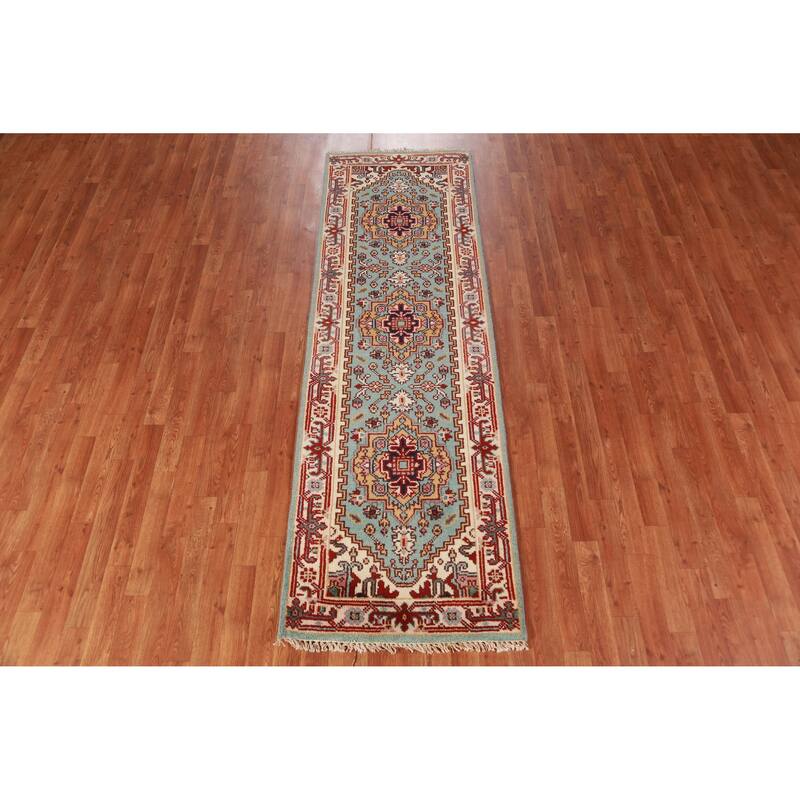 Hand Knotted Oriental 100% Wool Carpet Traditional Geometric Navy Blue & Blues Heriz (serapi) Runner Rug - 8' 2'' X 2' 6''