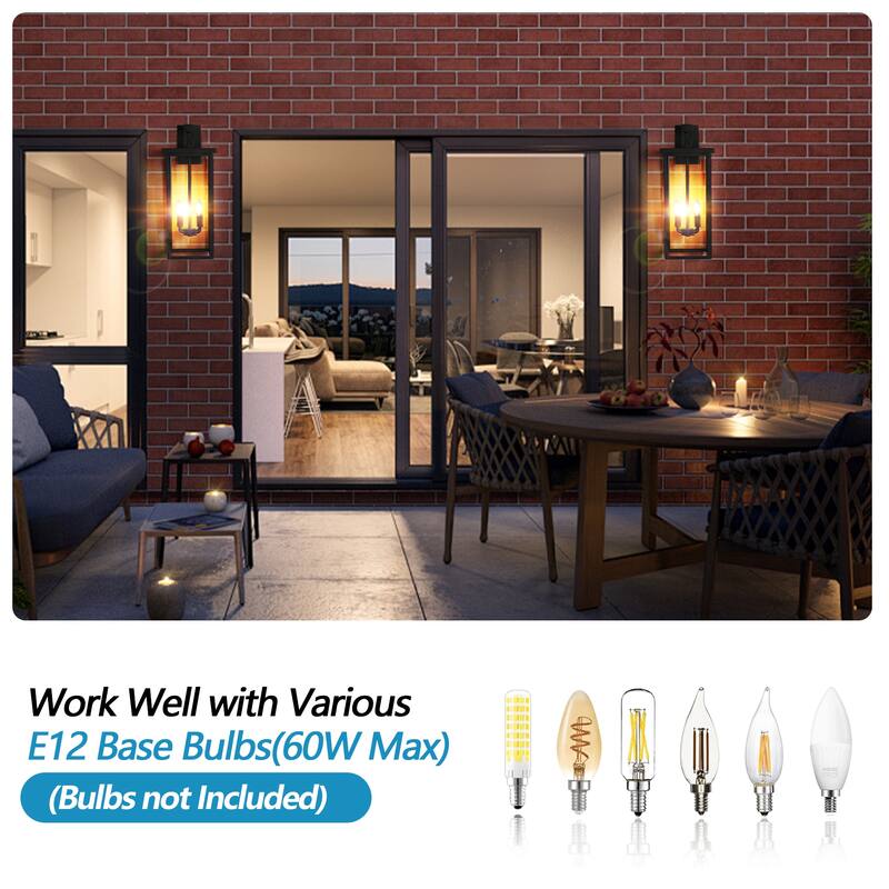 26"(H) 1ps Modern Outdoor Wall Lanterns with Black Metal Frame and Clear Glass, 4 E12 Bulb Socket, Weatherproof(No Bulbs)