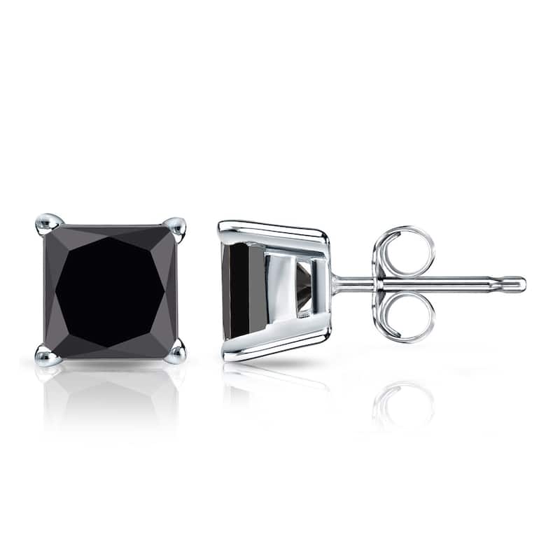 Auriya 14k Gold 1 1/2ctw Princess-cut Black Diamond Stud Earrings - White