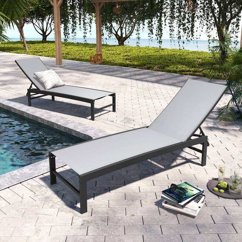 Pellebant Adjustable Aluminum Patio Chaise Lounge Chairs Outdoor (Set of 2) - Light Grey Fabric,Dark Grey Frame