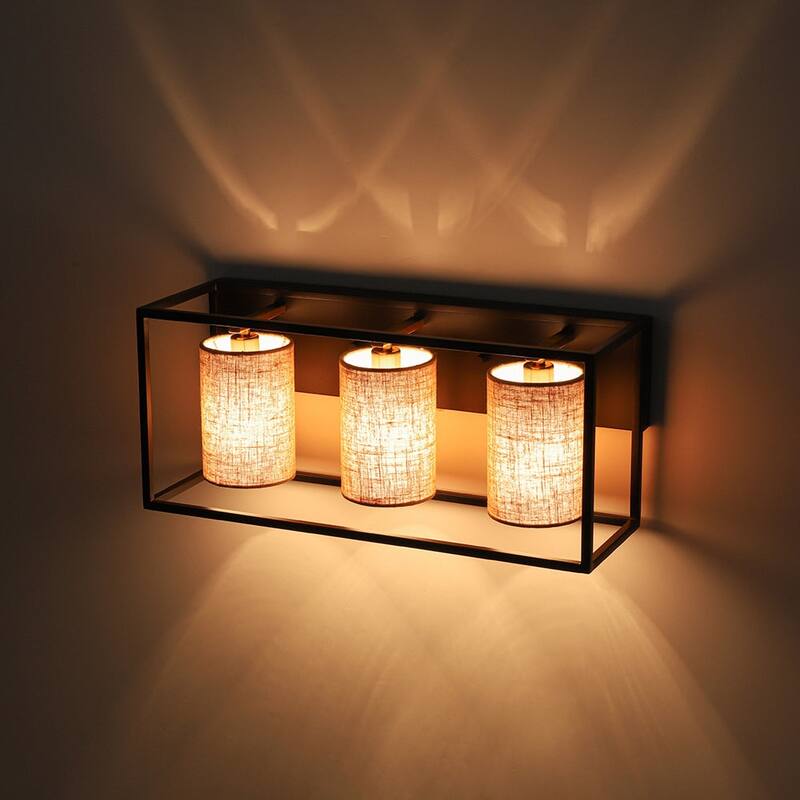 Vintage 3-Light Bathroom Beige Linen Cage Vanity Wall Light