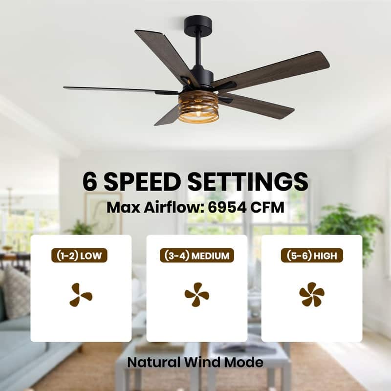 52 Inch Farmhouse Ceiling Fans with Lights and Remote Wood Black Industrial Rustic Caged Ceiling Fan for Bedroom Living Room