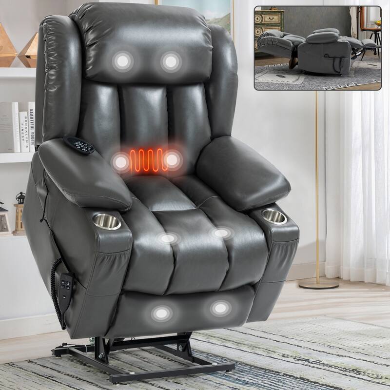 Roomfitters Dual Motor Power Lift Recliner Chair with 180 Degree Flat Recline Heat Massage Sofa with Cup Holders, Grey - Grey