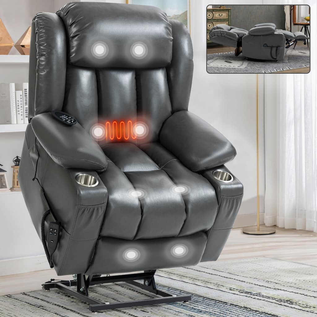 Roomfitters Dual Motor Power Lift Recliner Chair with 180 Degree Flat Recline Heat Massage Sofa with Cup Holders, Grey