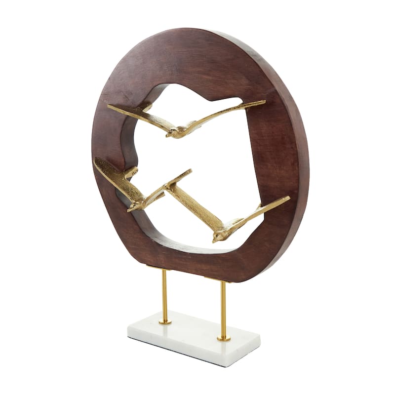 Gold Aluminum Metal Bird Sculpture with Brown Wooden Frame and Marble Base