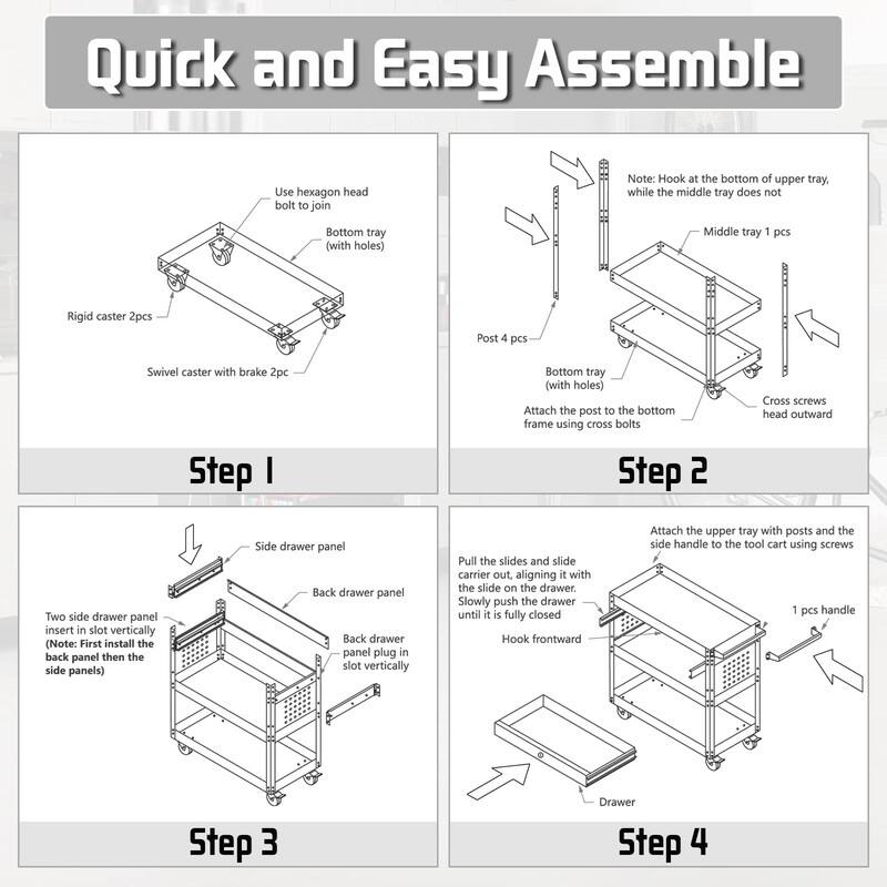 3 Tray Rolling Tool Cart, 400 LBS Capacity Mechanic Tool Carts on Wheels - 13.9 x 32.9 x 30 inches