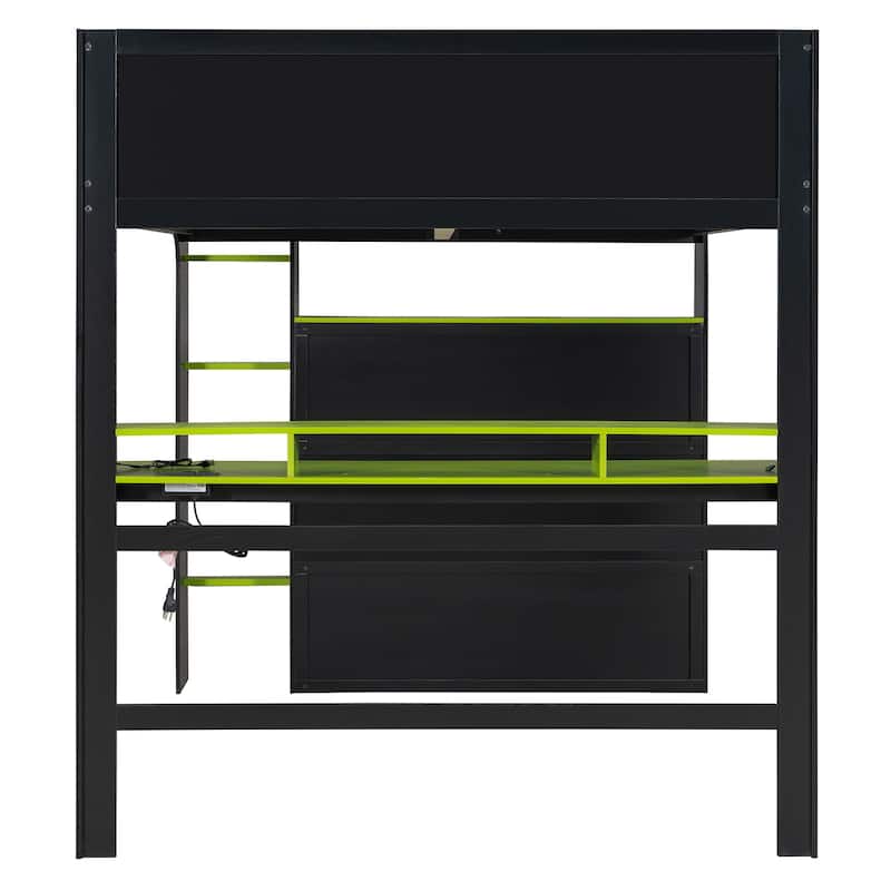 Full Size Esports Loft Bed, Built-In Gaming Station with Adjustable Desk, Wardrobe, Book Shelves, USB Port & RGB Strip Lighting