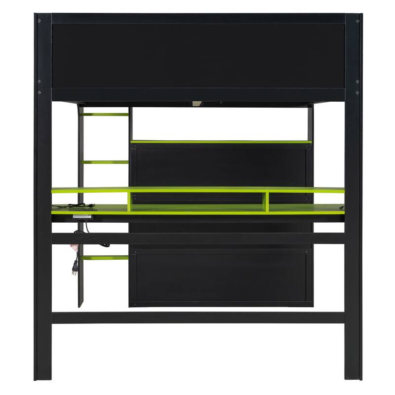 Full Size Wood Bunk Bed with Adjustable Desk, Wardrobe, Storage, and RGB Light in Green
