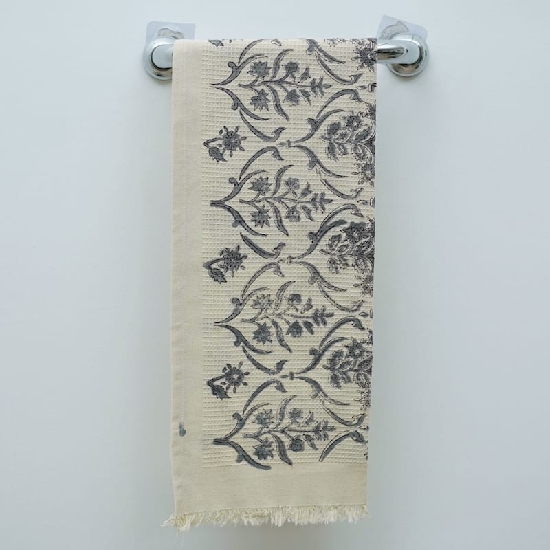 Fabdivine Honeycomb or Waffle Weave Hand Block Floral Print Hand Towel, Kitchen Gift Use