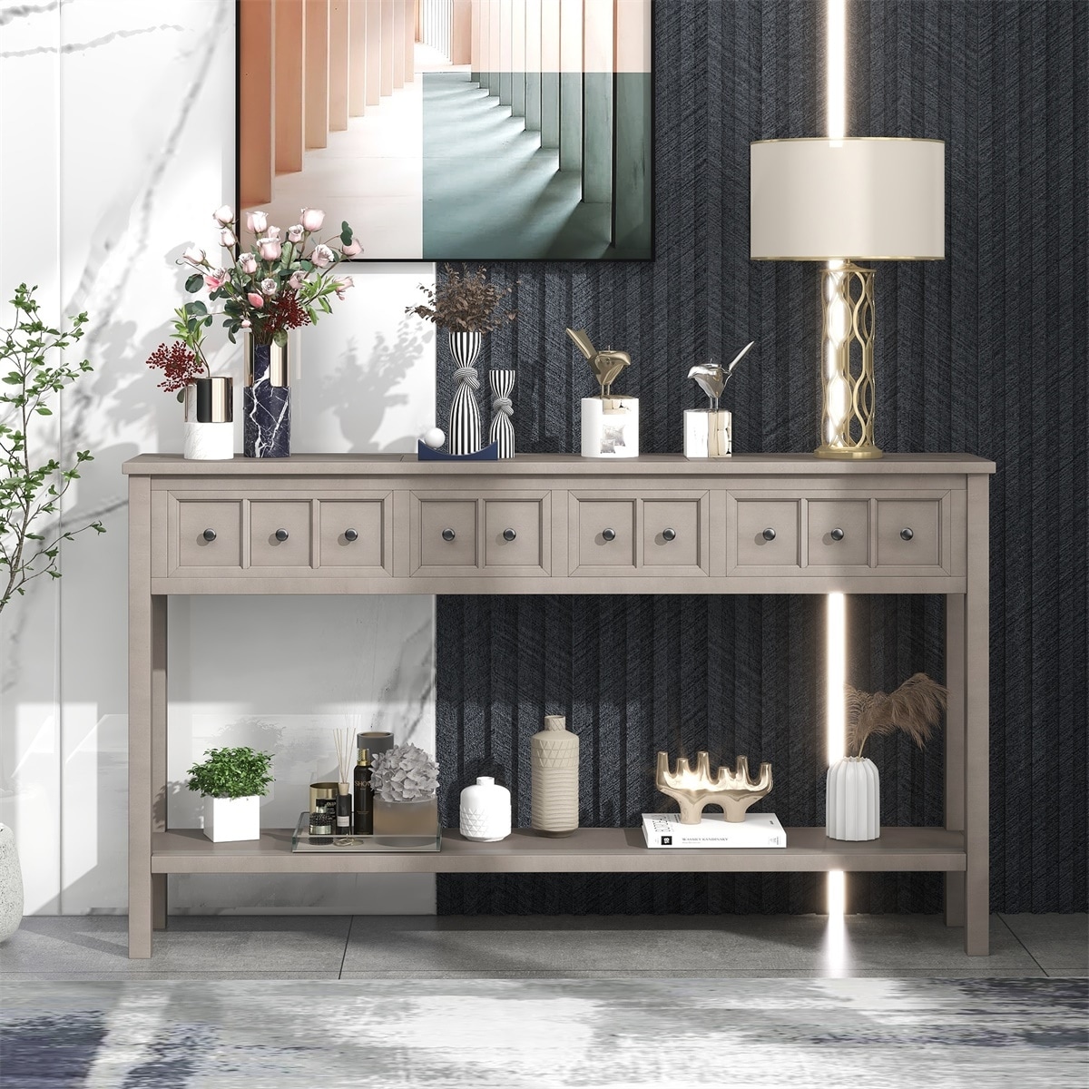 Merax 60" Long Console Table with Different Size Drawers and - Picture 6 of 25