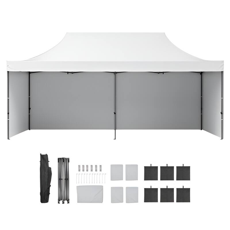 White 500D PU Canopy Tent with Sidewalls, Adjustable Steel Frame - 240” L x 120” W x 126” H