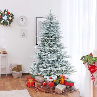 Christmas Tree Snow Flocked Hinged Cold Holiday Decoration Tree - Green, White