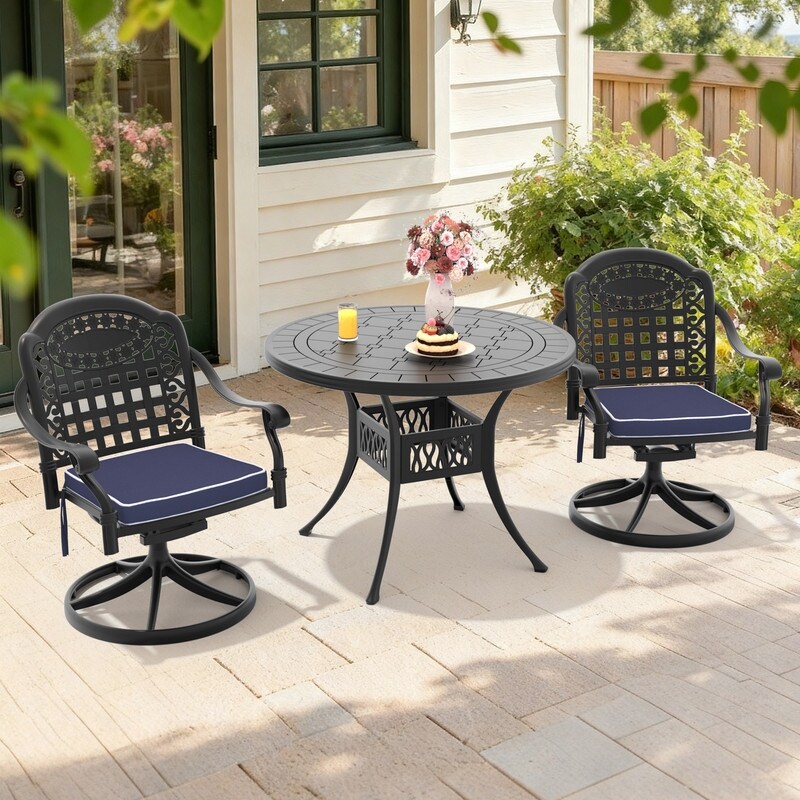 39.37in Round Cast Aluminum Outdoor Dining Table and 2 Swivel Black Frame Outdoor Chairs with Cushions