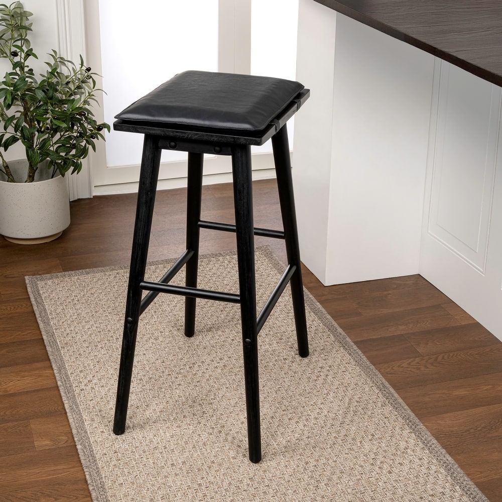 Saddle-Seat Backless Stool, Wood & Vegan Leather w/ Removable Cushion - JONATHAN Y