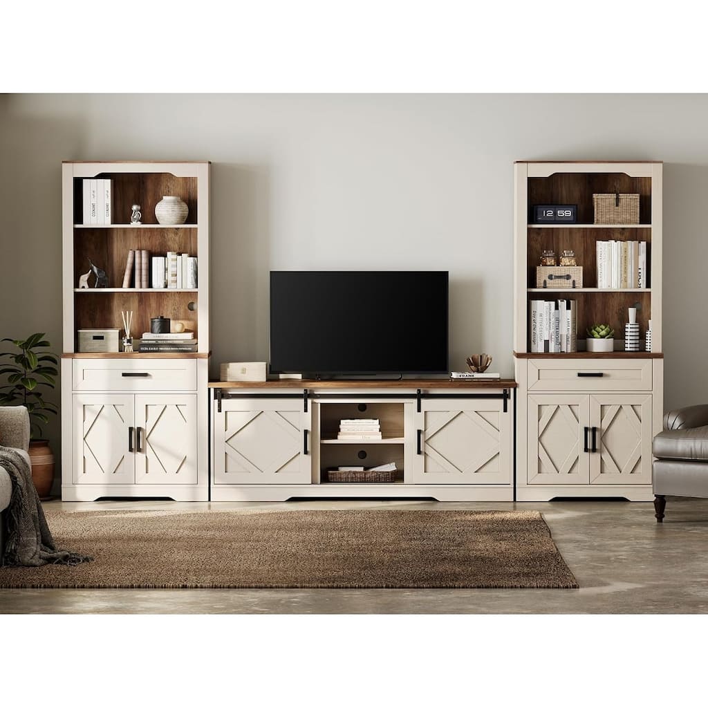 Modern Farmhouse TV Stand with Bookcase for 65" 75" TV with Barn Door for Living Room, Bedroom & Home Office