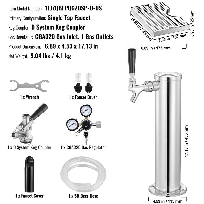 Kegerator Tower Kit, Beer Conversion Kit, Stainless Steel Keg Beer Tower Dispenser with Dual Gauge CGA320 Regulator