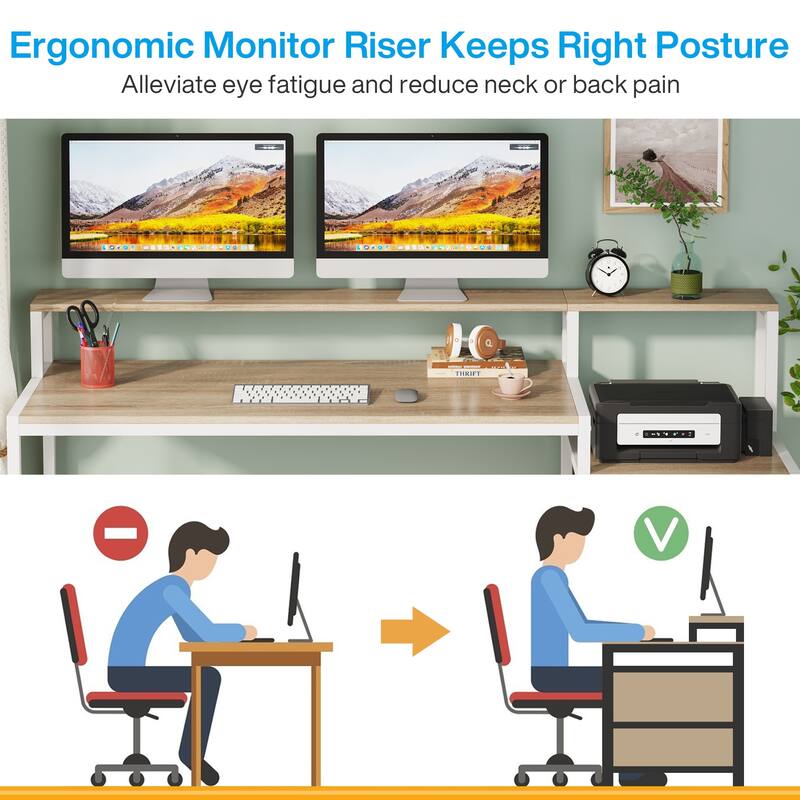 63 Inch Computer Desk with 3 Drawers, Modern Office Table with Monitor Stand and Printer Space for Home Office