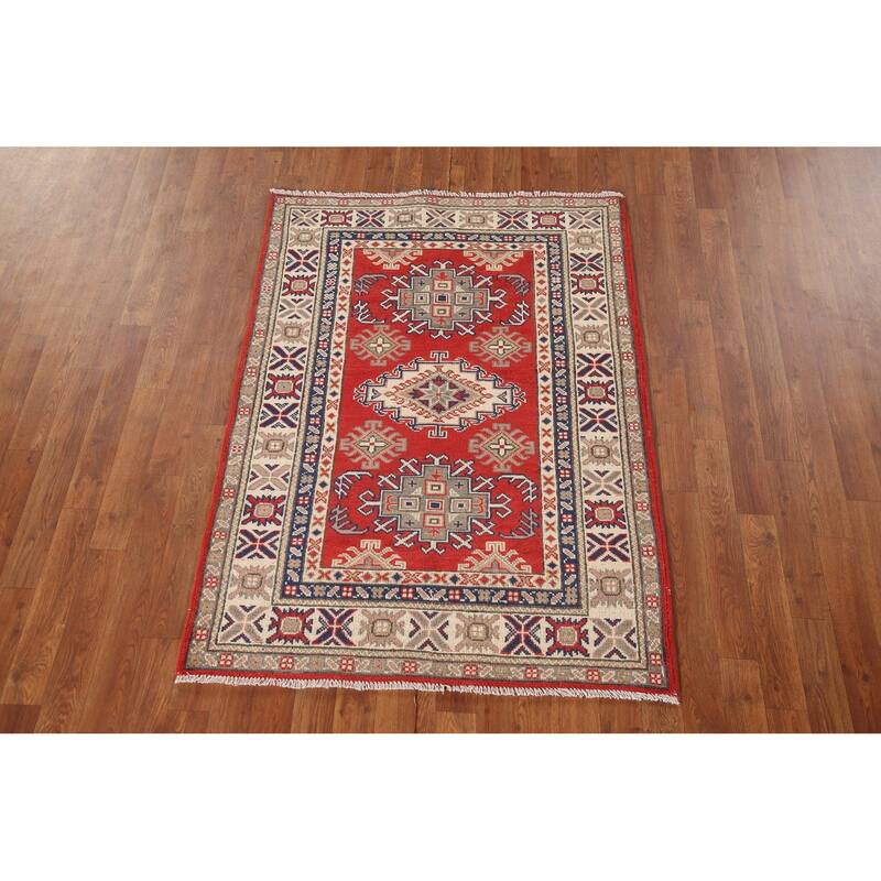 Geometric Kazak Rug Hand-Knotted Accent Wool Carpet - 3'4"x 4'9"