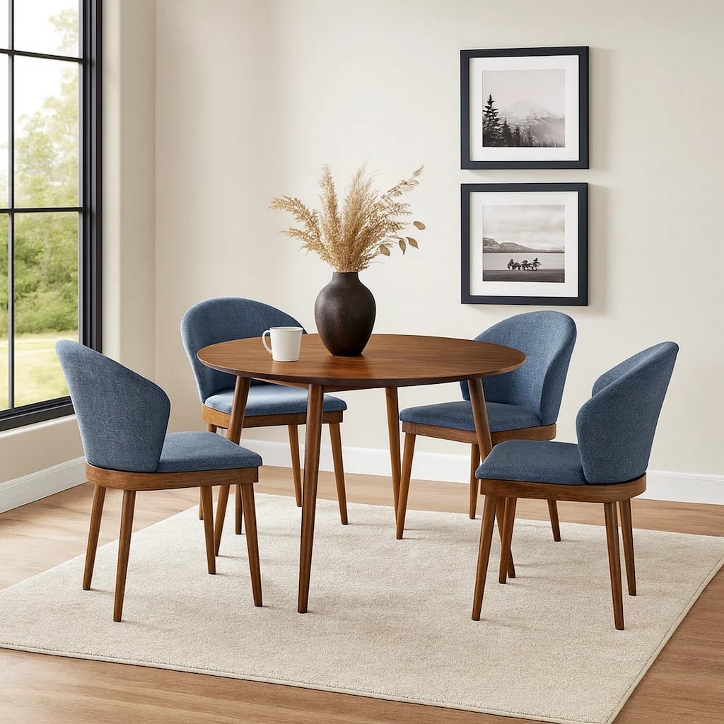 5 Piece Dining Set with Curved Side Chairs, Brown and Blue